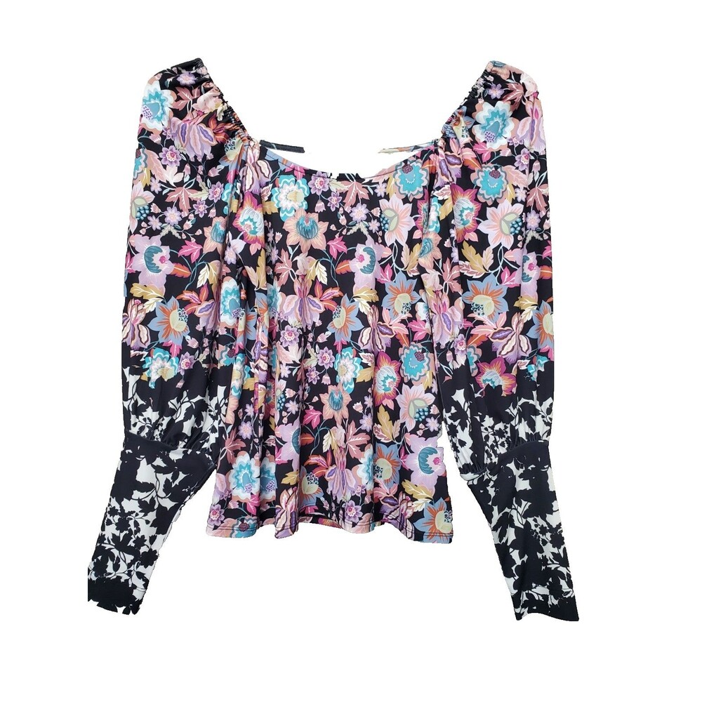 Hale Bob Floral Print Puff Sleeve Stretchy Top Size Medium Boho Cottagecore